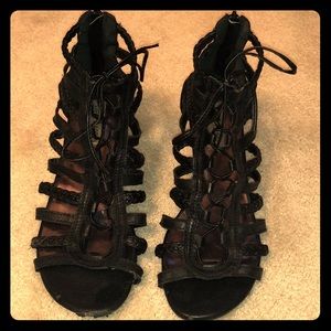 Black leather lace-up flats/wedges